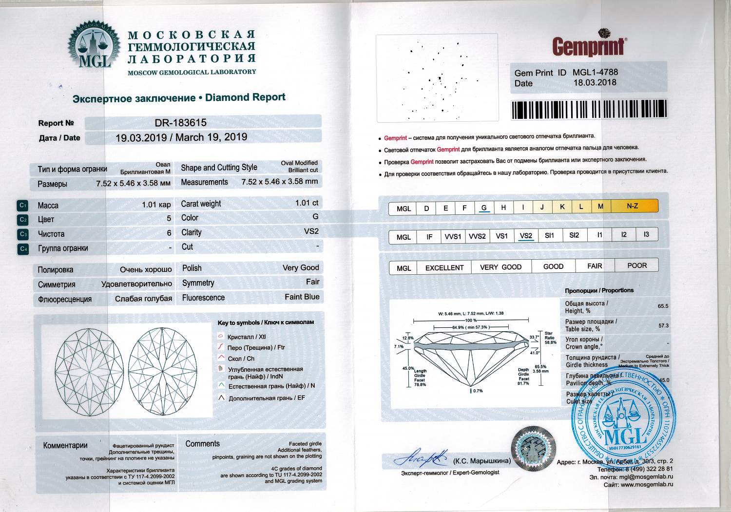 кольцо с бриллиантом 1,01ct G/VS2