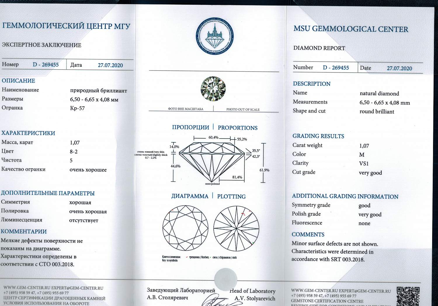 кольцо с бриллиантом 1,07ct M/VS1